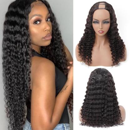 U Part Wigs Deep Wave Brazilian Virgin Human Hair 2x4 U Shape Glueless Wigs 180% Density With Straps Combs For Women