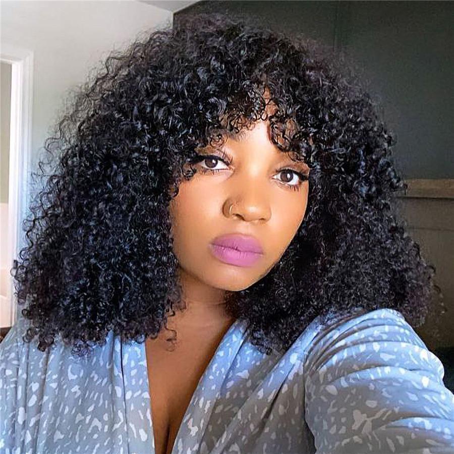 Kinky Curly Bomb Look Premium 100% Remy Human Hair Wig With Bangs