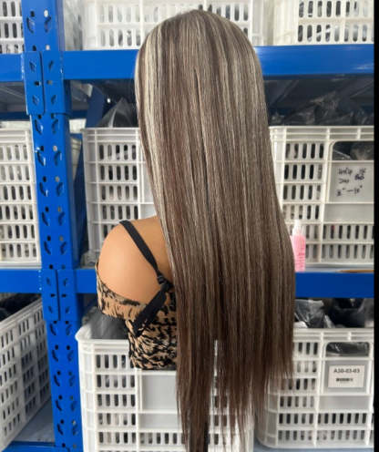 Pre-cut Lace Brown Wig With Blonde Highlight Wear Go Glueless Wig Straight 7x5 Lace Wig Preplucked with Natural Hairline