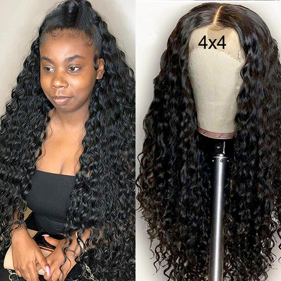 Deep Wave Human Hair 4x4 Lace Closure Wig Pre Plucked Remy Wigs with Baby Hair