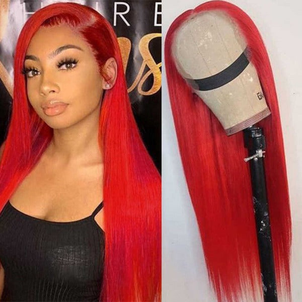 Cherry Red Color Lace Front & Closure Wig Pre-Colored Human Hair Wigs With Pre-Plucked Hairline
