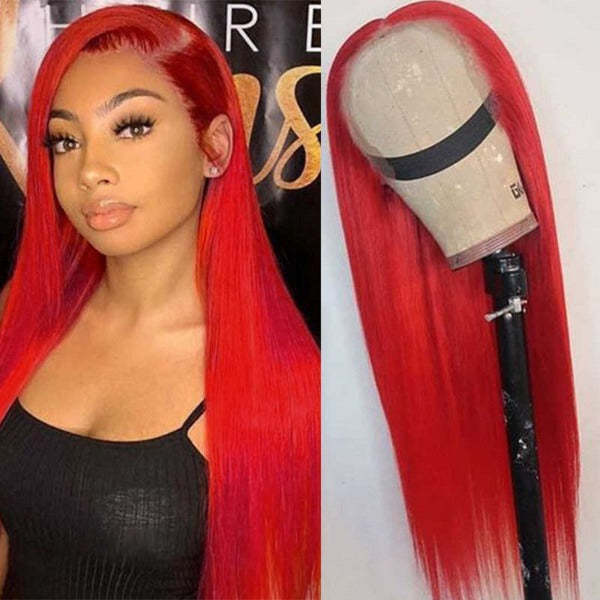 Cherry Red Color Lace Front & Closure Wig Pre-Colored Human Hair Wigs With Pre-Plucked Hairline