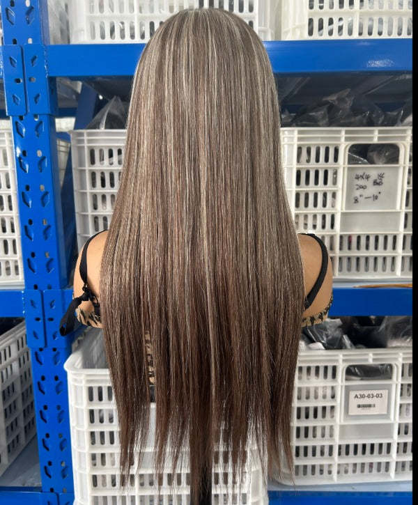 Pre-cut Lace Brown Wig With Blonde Highlight Wear Go Glueless Wig Straight 7x5 Lace Wig Preplucked with Natural Hairline