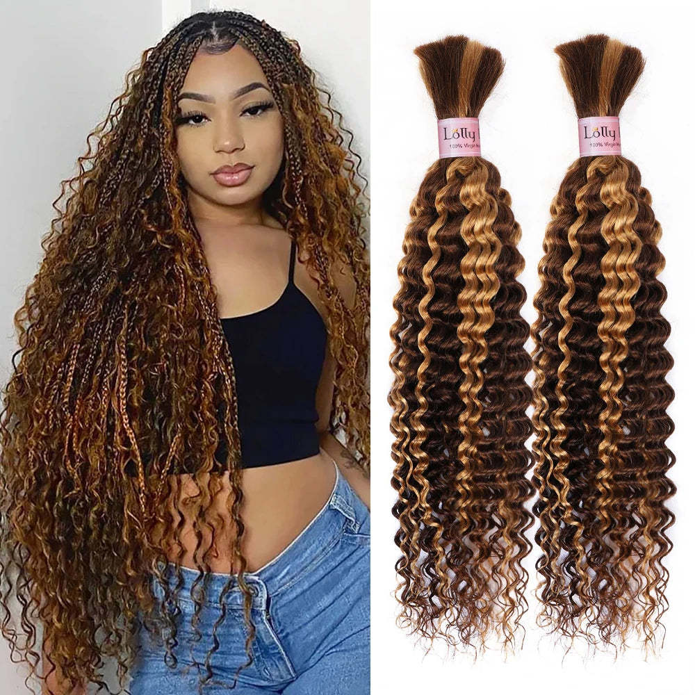 Highlight Bulk Human Hair For Braiding P4 27 Ombre Blonde Deep Wave Boho Braiding Human Hair Bundles No Weft Bundles