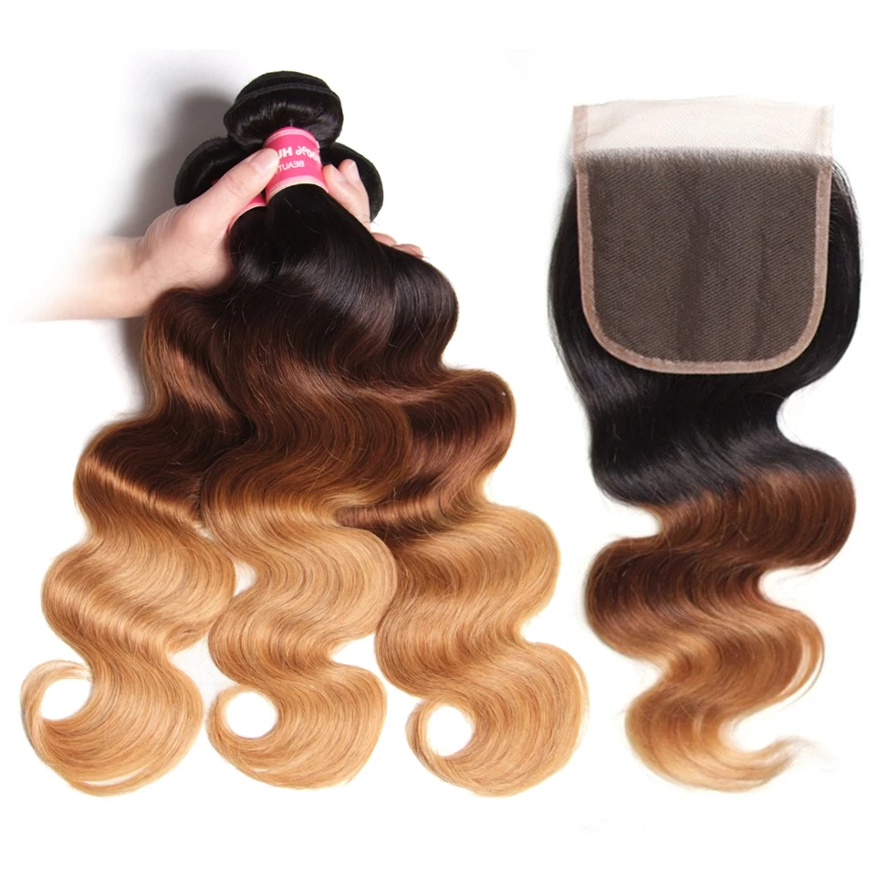 WIGARI 1b/4/27 Body Wave 3 Bundles with 4x4 lace Closure Human Hair
