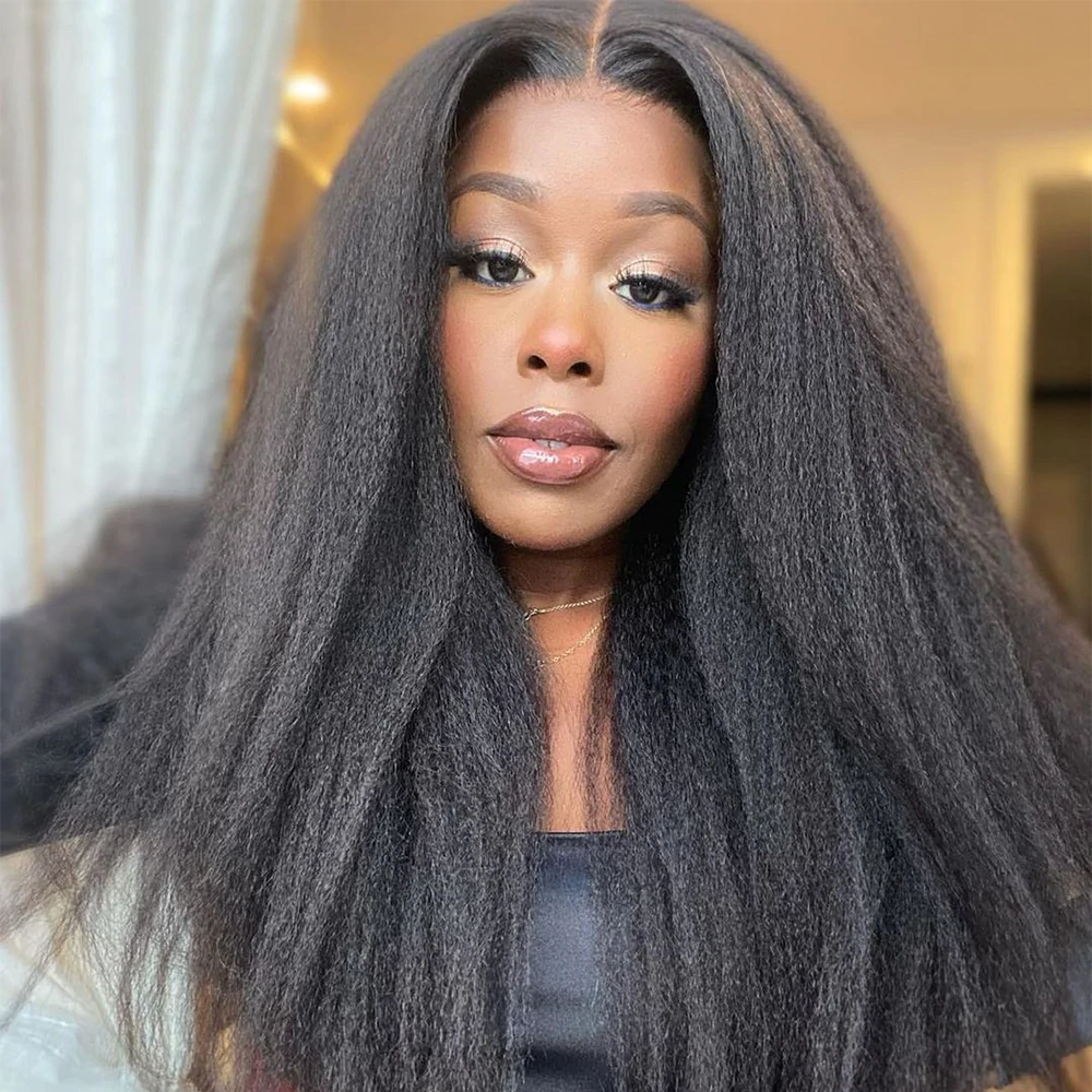 Preplucked Kinky Straight 5x5 HD Lace Closure Wigs Brazilian Virgin Human Hair Natural Black