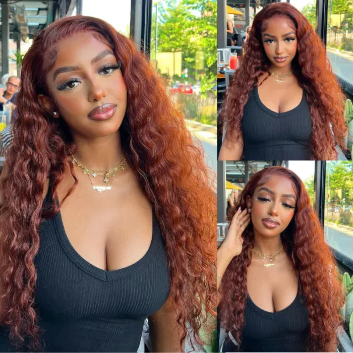 Autumn Vibe Reddish Brown Color Water Wave Human Hair 13x4 4x4 Skin Melt Lace Front Wigs