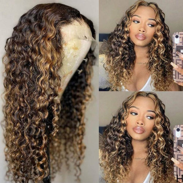 Balayage Highlights 13x4 4x4 Lace Front Wigs Ombre Highlight Curly Honey Blonde Colored Human Hair Wigs