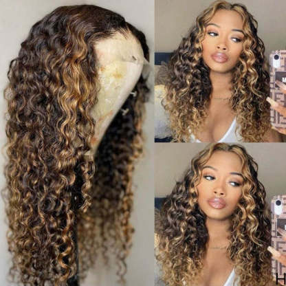 Balayage Highlights 13x4 4x4 Lace Front Wigs Ombre Highlight Curly Honey Blonde Colored Human Hair Wigs