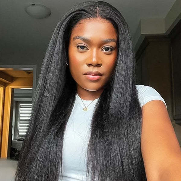  Yaki Straight Bleached Knots Pre-Cut 9x6 T Part Lace Wig Natural Frontal Look Wear Go Wig
