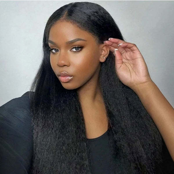  Yaki Straight Bleached Knots Pre-Cut 9x6 T Part Lace Wig Natural Frontal Look Wear Go Wig