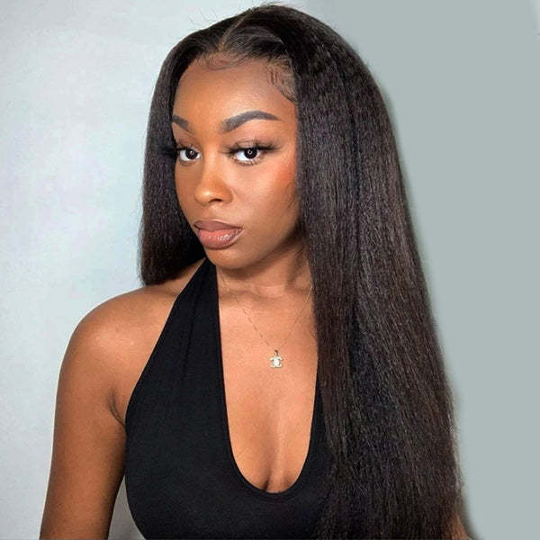  Yaki Straight Bleached Knots Pre-Cut 9x6 T Part Lace Wig Natural Frontal Look Wear Go Wig