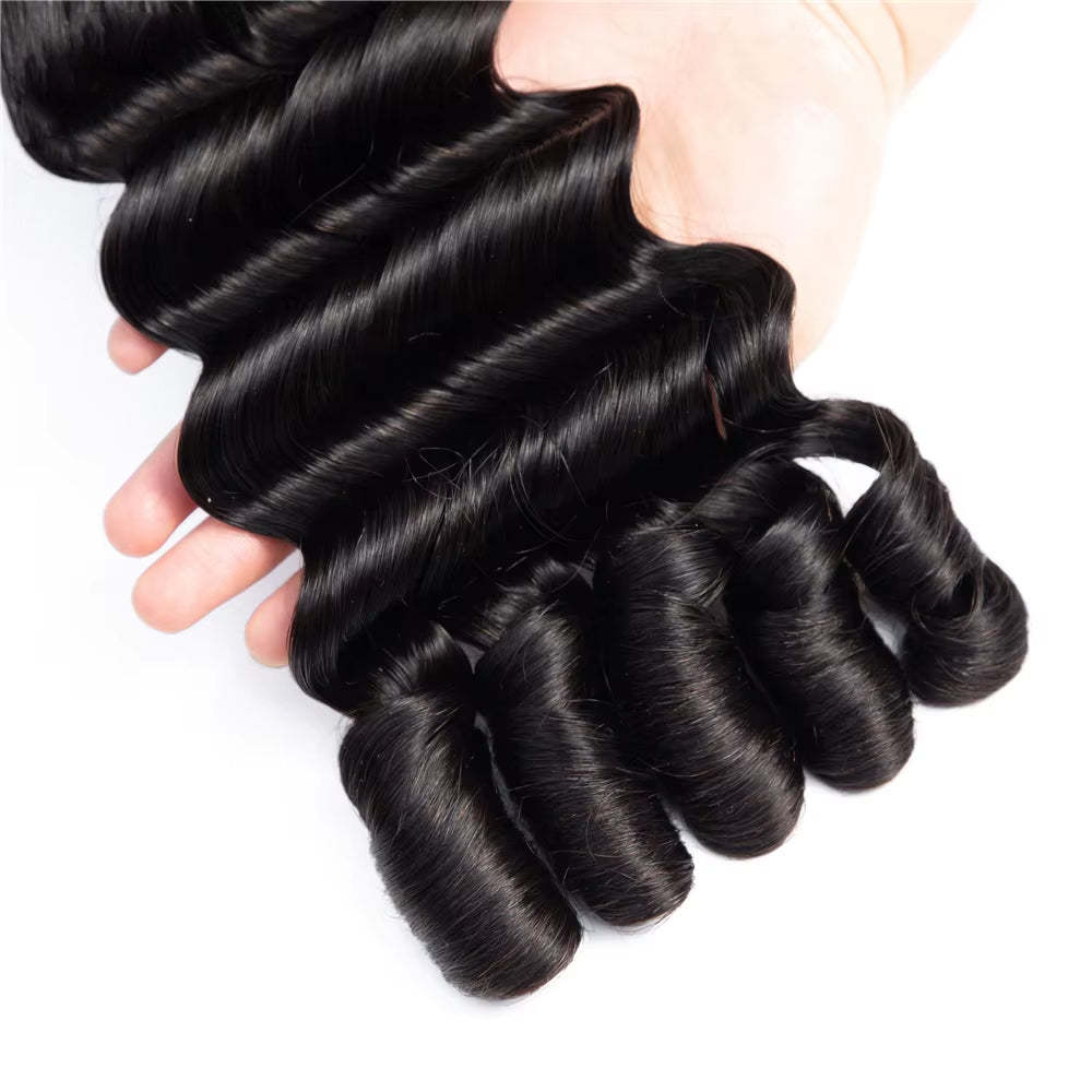  Burmese Curly Natural Black Funmi Loose Deep 4 Bundles With 13x4 Lace Frontal Human Hair