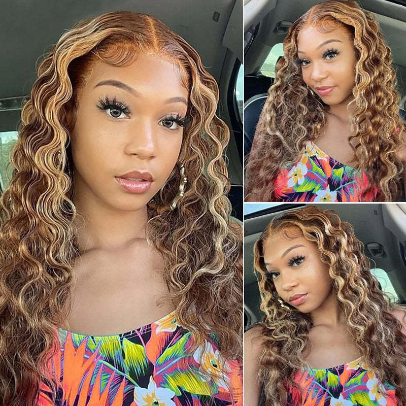[28'' = $165.99 - No Code Needed] Honey Blonde Highlight 13x6 HD Lace Frontal Wig Virgin Loose Deep Wave Human Hair
