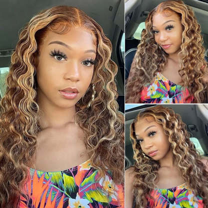 [28'' = $165.99 - No Code Needed] Honey Blonde Highlight 13x6 HD Lace Frontal Wig Virgin Loose Deep Wave Human Hair