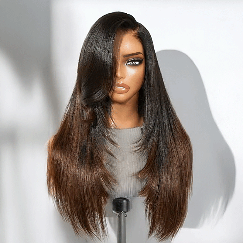 Glueless Layered Ombre Brown Volume Effect Yaki Straight 7x4 Glueless Wig Adjustable Cap