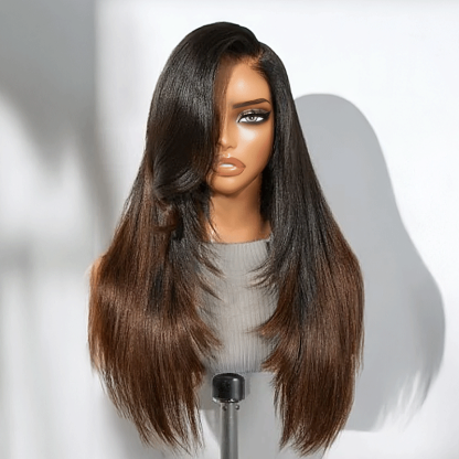 Glueless Layered Ombre Brown Volume Effect Yaki Straight 7x4 Glueless Wig Adjustable Cap