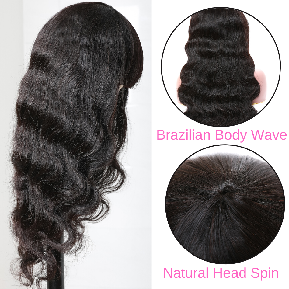 Natural Look Glueless Body Wave Wig With Bangs  Everyday Wear  100% Human Hair Wig