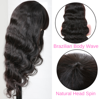 Natural Look Glueless Body Wave Wig With Bangs  Everyday Wear  100% Human Hair Wig