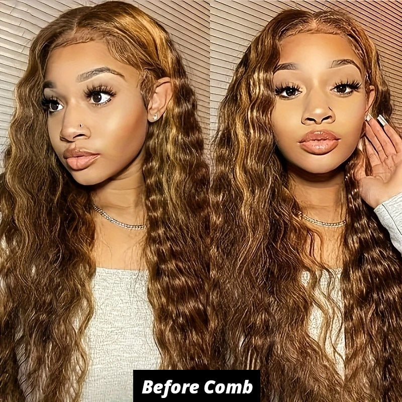 [28'' = $165.99 - No Code Needed] Honey Blonde Highlight 13x6 HD Lace Frontal Wig Virgin Loose Deep Wave Human Hair