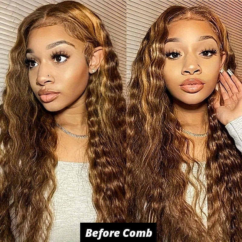 [28'' = $165.99 - No Code Needed] Honey Blonde Highlight 13x6 HD Lace Frontal Wig Virgin Loose Deep Wave Human Hair