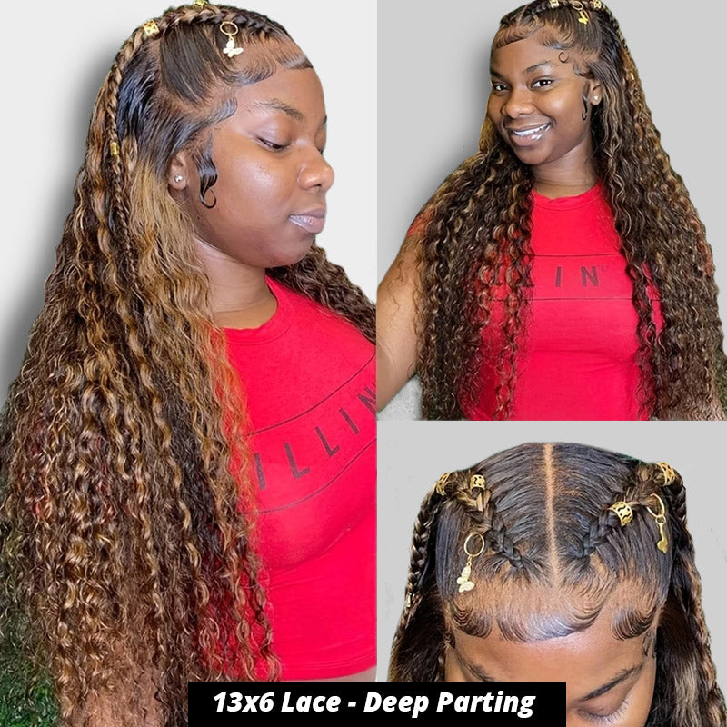 [28'' = $165.99 - No Code Needed] Honey Blonde Highlight 13x6 HD Lace Frontal Wig Virgin Loose Deep Wave Human Hair