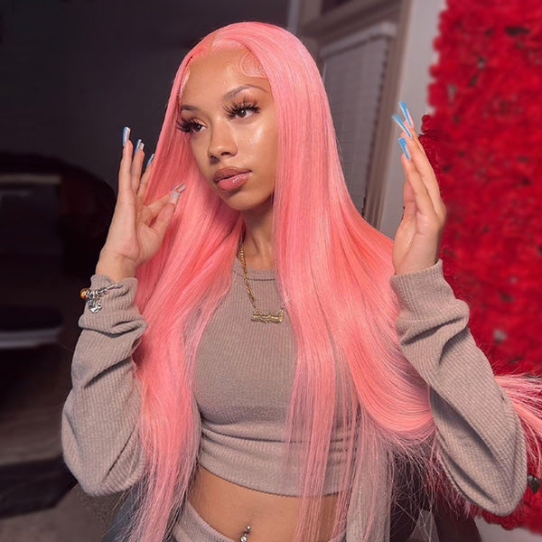 Salmon Pink Color 13*4 Lace Front Wig Human Hair Color Wig