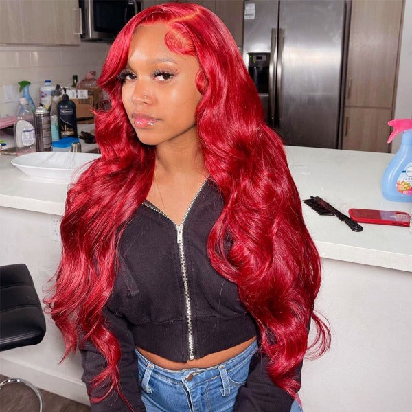 Cherry Red Color Lace Front & Closure Wig Pre-Colored Human Hair Wigs With Pre-Plucked Hairline