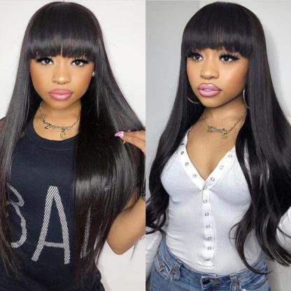Silky Smooth Straight Human Hair Wig With Bangs Blunt Cut Soft Face-Framing Bangs