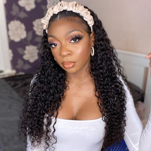  100% Human Hair Grip Headband Scarf Wig Water Wave Human Hair Wig Curly No plucking wigs for Women No Glue No Sew In