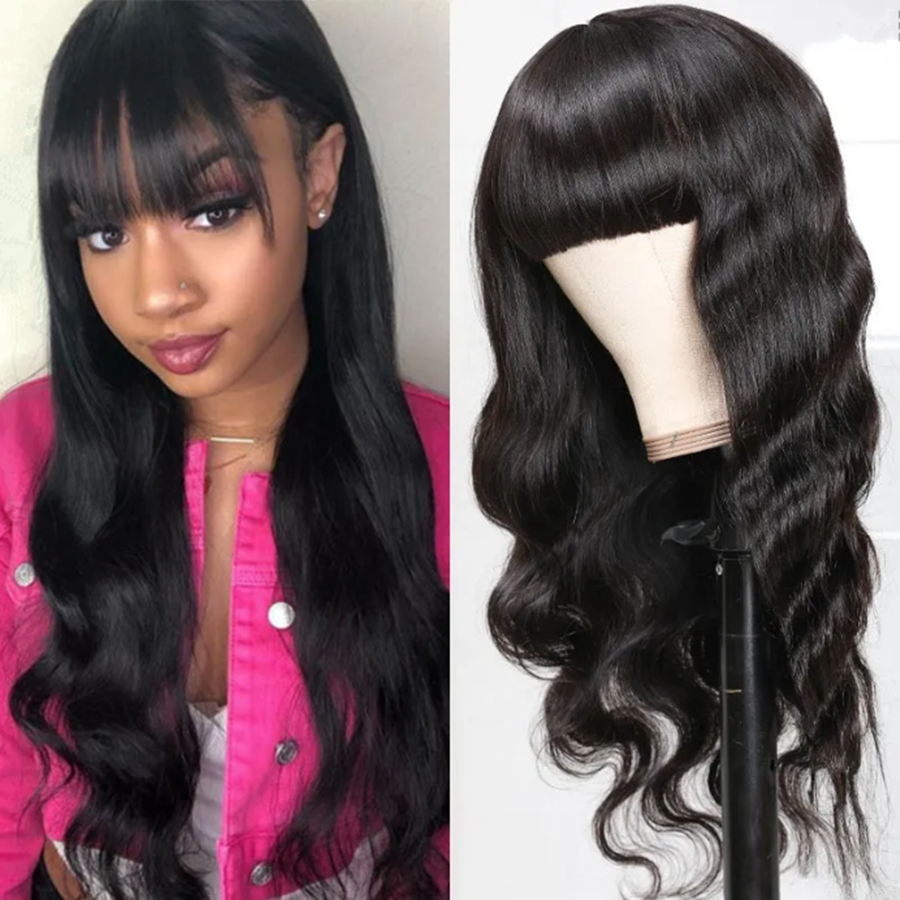 Natural Look Glueless Body Wave Wig With Bangs  Everyday Wear  100% Human Hair Wig
