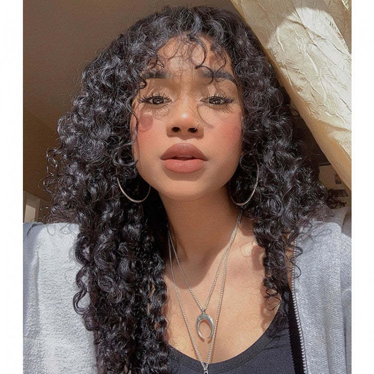 Low-Maintenance Water Wave Human Hair Wig with Bangs Heat-Friendly No Shedding