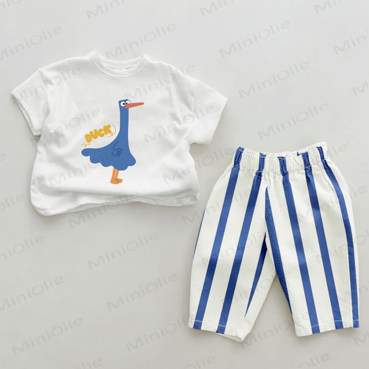 アヒル柄（ベビーDUCK）ブルー縦ストライプ2点セット - ホワイト＆ブルー - 2～3歳 - image 1