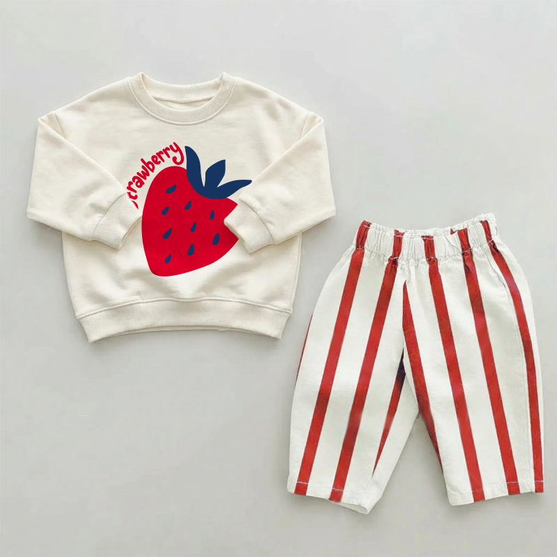 STRAWBERRYベビー幼児用 レッドストライプパンツ 2点セット - ベージュ＆レッド - 2～3歳 - image 1