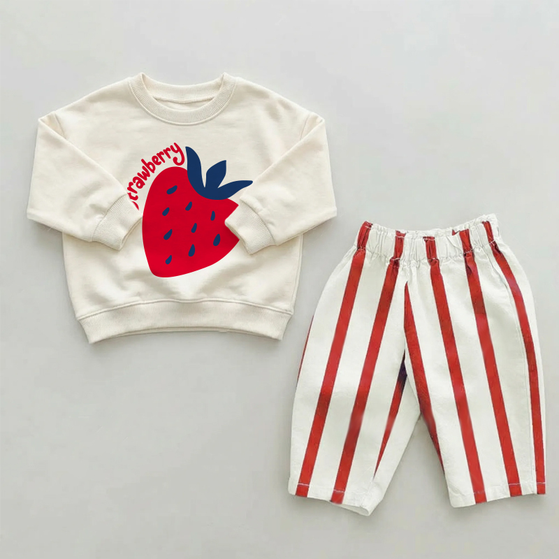 STRAWBERRYベビー幼児用 レッドストライプパンツ 2点セット - ベージュ＆レッド - 2～3歳 - image 1
