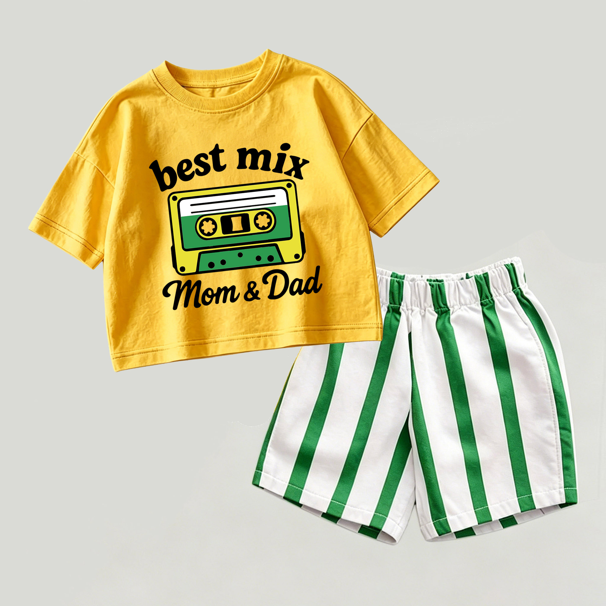 BEST MIX MOM&DADベビー用イエロー＆グリーンのトップスとストライプのショートパンツのツーピースセット - 黄色と緑 - 2～3歳 - image 1