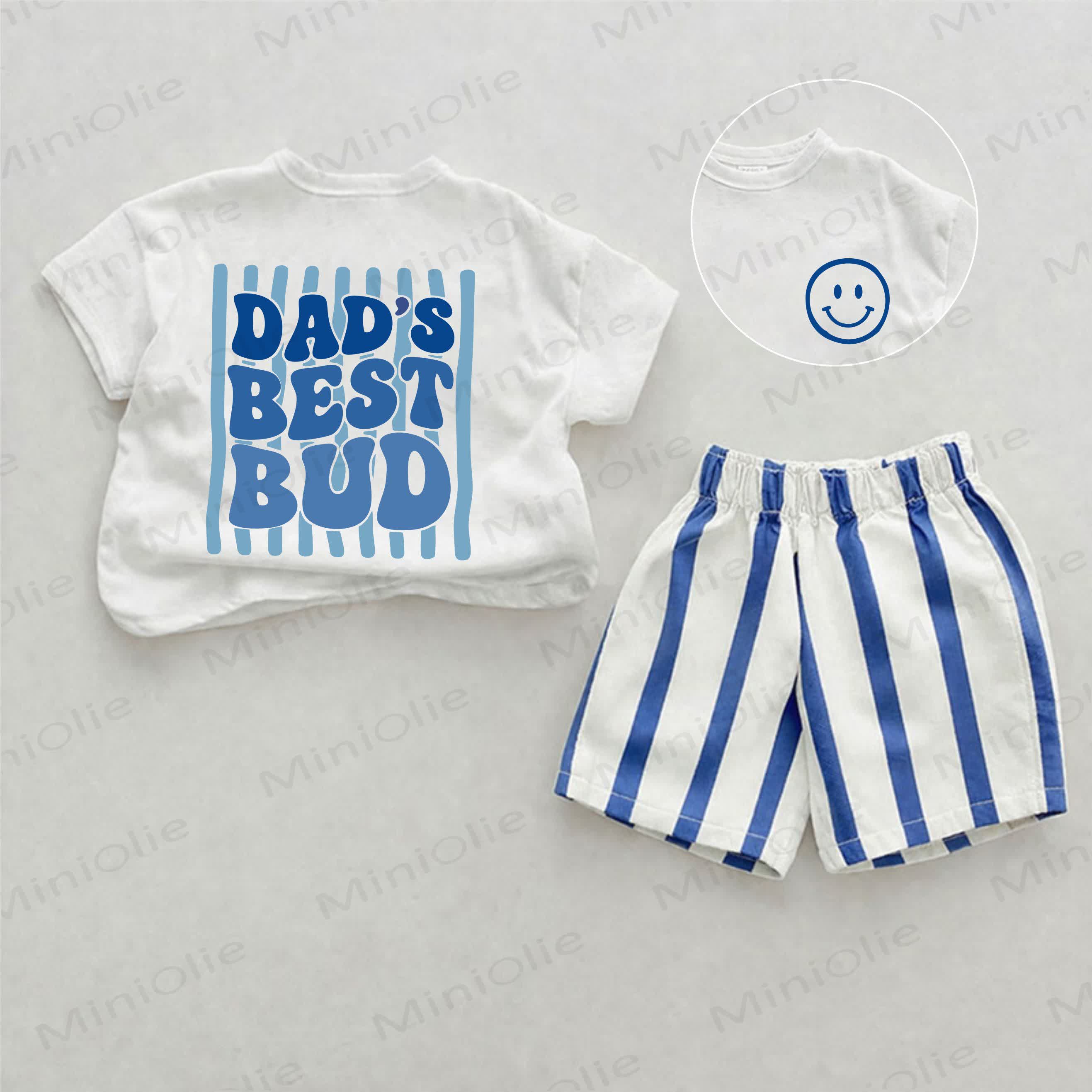 DAD'S BEST BUDベビー用スローガン入り ブルー 縦ストライプ ツーピース ショートパンツセット - ホワイト＆ブルー - 2～3歳 - image 1