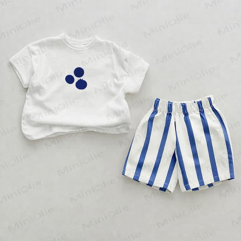 ベビーブルーベリーブルーの縦ストライプ柄ショートパンツ2点セット - ホワイト＆ブルー - 2～3歳 - image 1