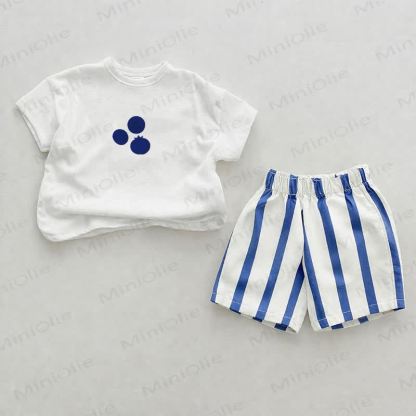 ベビーブルーベリーブルーの縦ストライプ柄ショートパンツ2点セット - ホワイト＆ブルー - 2～3歳 - image 1
