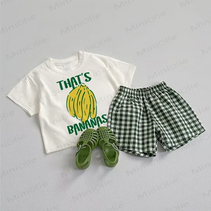 THAT'S BANANASベビーグリーンTシャツとチェック柄ショートパンツのツーピースセット - ホワイト＆グリーン - 3～5歳 - image 1