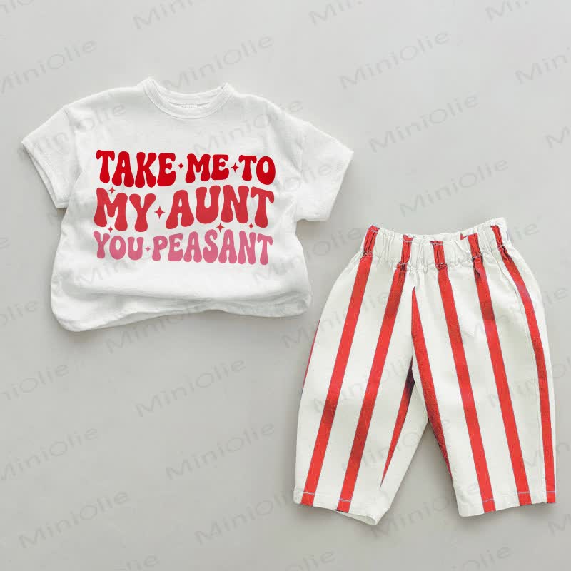 TAKE ME TO MY AUNT YOU PEASANT！ベビーレッドの縦縞模様のツーピースセット - 白と赤 - 4～5歳 - image 1