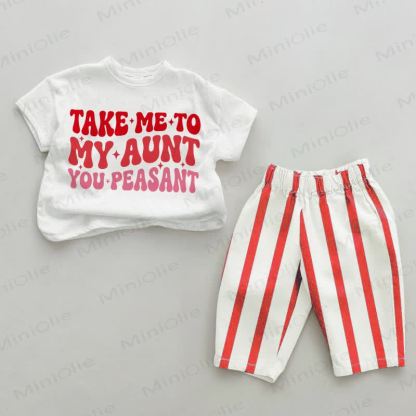 TAKE ME TO MY AUNT YOU PEASANT！ベビーレッドの縦縞模様のツーピースセット - 白と赤 - 4～5歳 - image 1