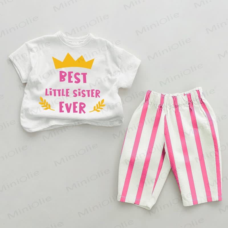 BEST LITTLE SISTER EVERへ！ベビーピンクの縦ストライプ柄ツーピースセット - ホワイト＆ピンク - 2～3歳 - image 1