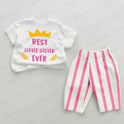 BEST LITTLE SISTER EVERへ！ベビーピンクの縦ストライプ柄ツーピースセット - ホワイト＆ピンク - 2～3歳 - image 1