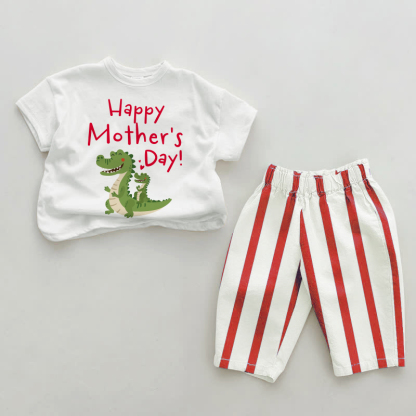 HAPPY MOTHER'S DAY!赤ちゃん恐竜柄 赤い縦縞模様 2点セット - 白と赤 - 2～3歳 - image 1