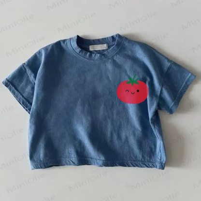 赤ちゃんが笑顔のトマト柄ブルーTシャツ - 青 - 18～24ヶ月 - image 1