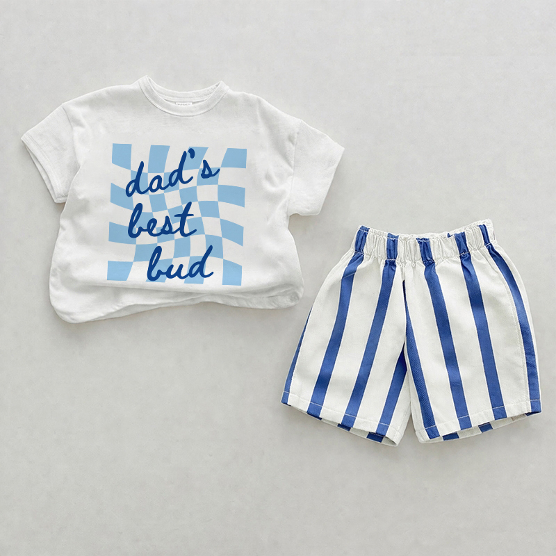 DAD'S BEST BUDベビーブルー 縦ストライプ ツーピース ショートパンツセット - ホワイト＆ブルー - 2～3歳 - image 1