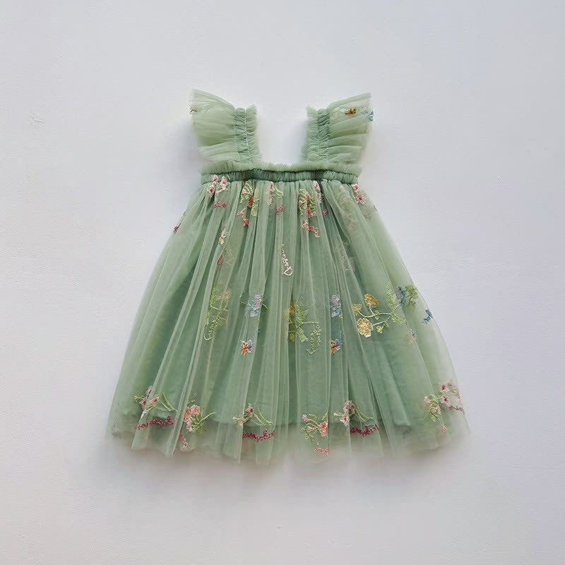 幼児用女の子用フラワーメッシュフライングスリーブDress - 緑 - 5～7歳 - image 5