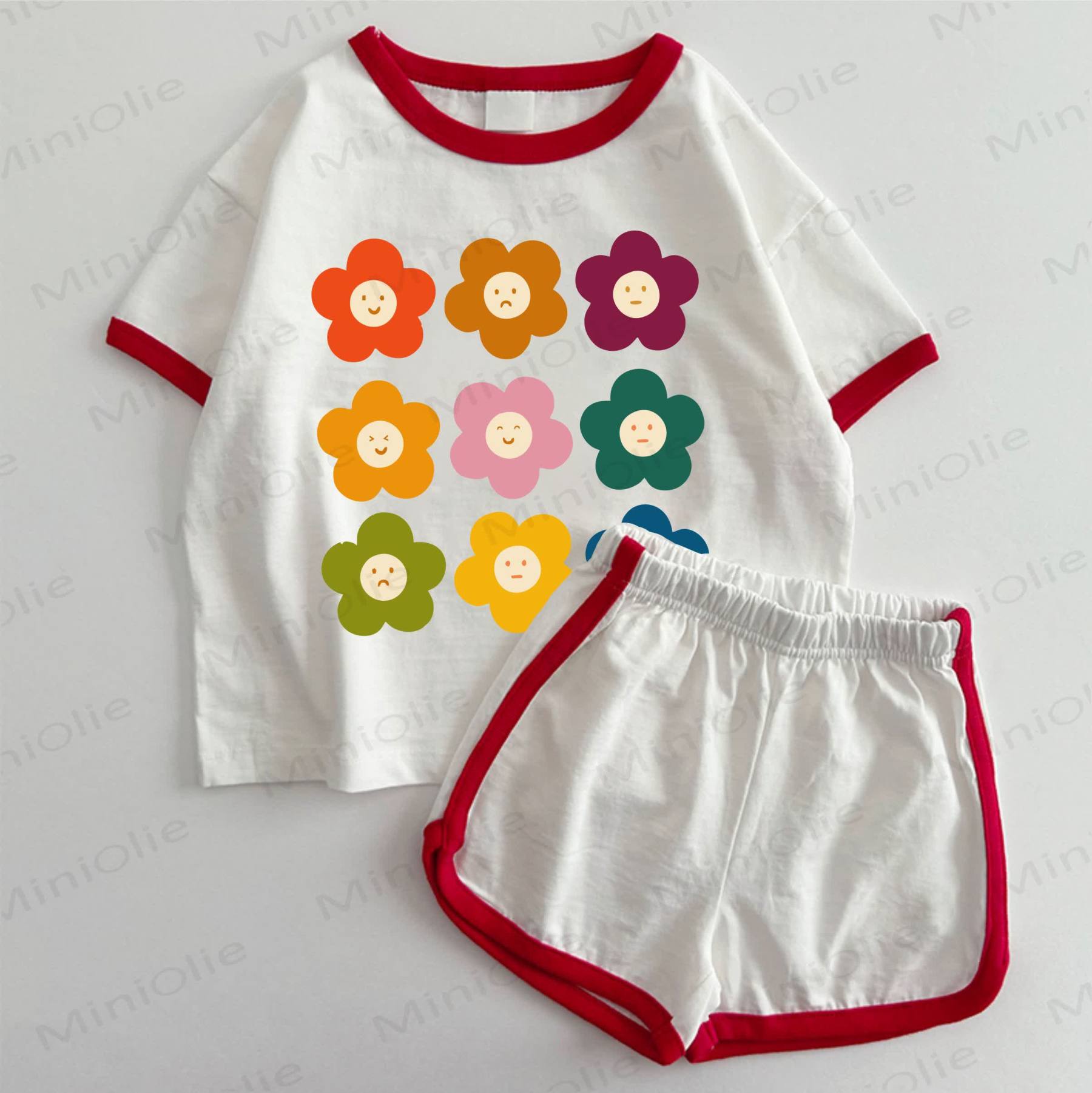 ベビー用花柄プリントTシャツ＆ショートパンツ2点セット - 白と赤 - 3～5歳 - image 1