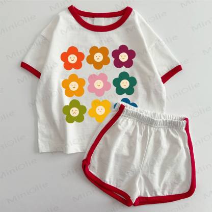 ベビー用花柄プリントTシャツ＆ショートパンツ2点セット - 白と赤 - 3～5歳 - image 1